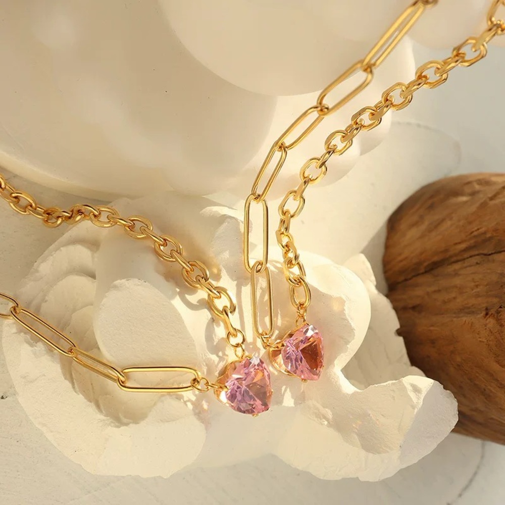 Pink heart necklace, gold layer necklace. Heart pendant necklace